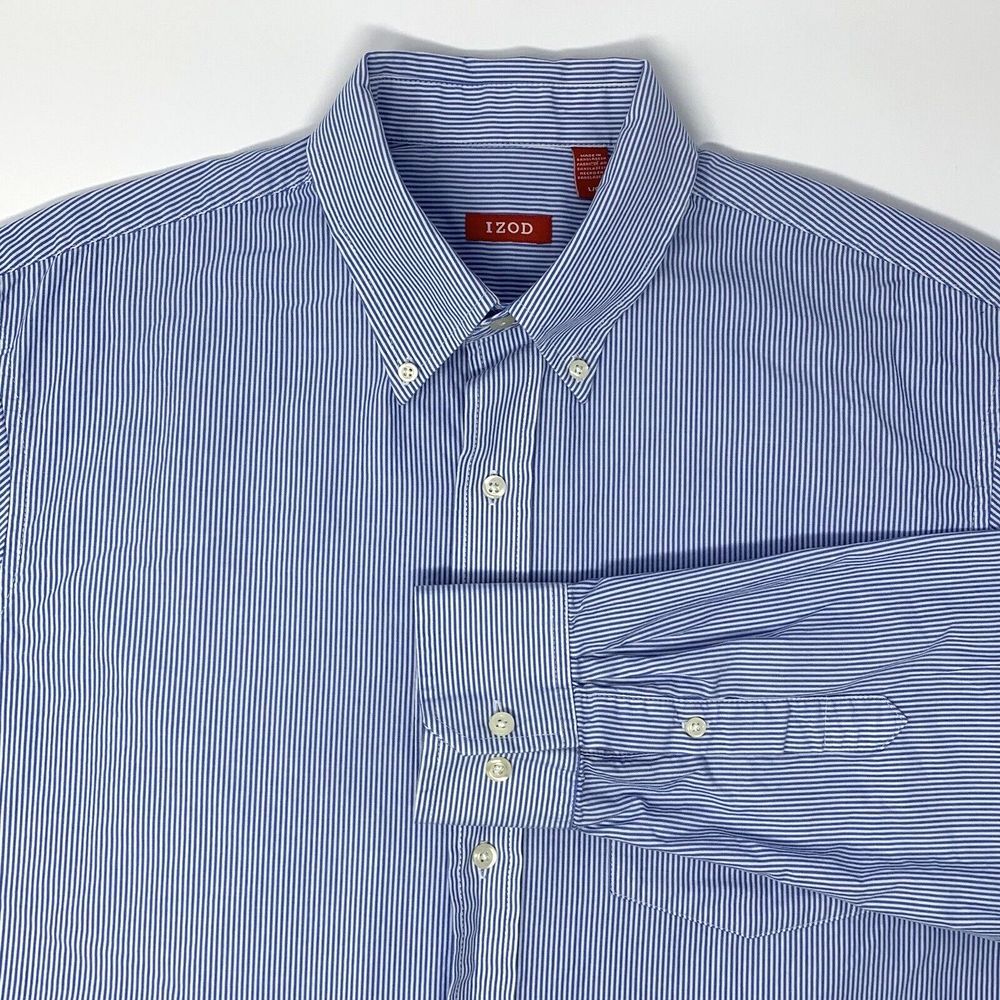 IZOD Blue & White Pin Stripes Cotton Long Sleeve Button Up Mens Shirt Size Large